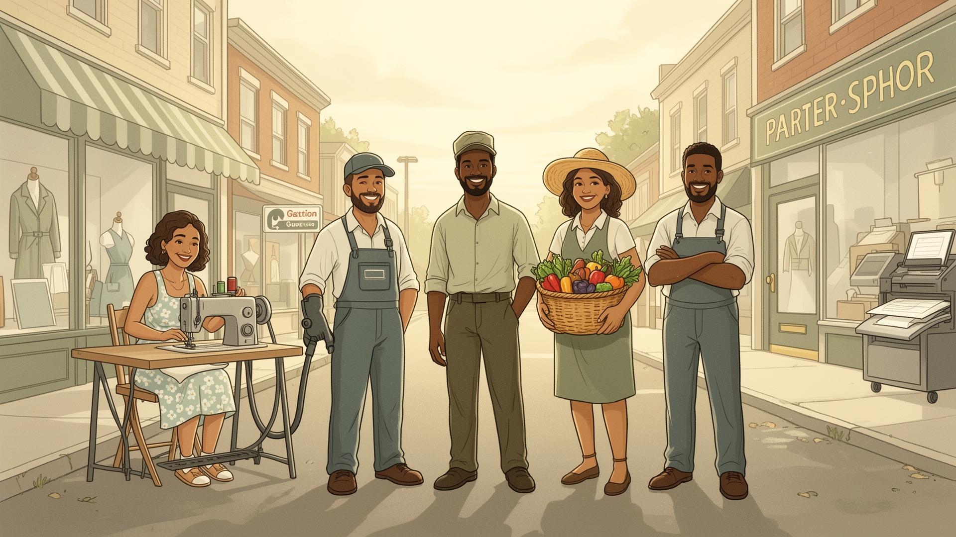 Small business owners standing together on a sunlit main street